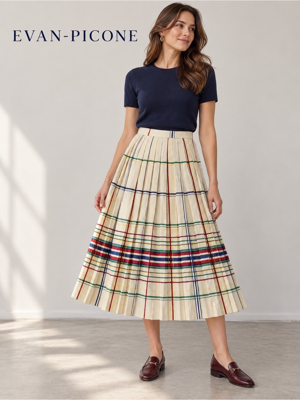 VGUC Vintage Evan Picone 100% Worsted Wool Plaid Pleated Midi Skirt Academia